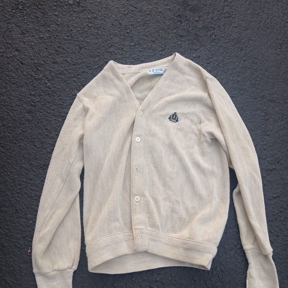 Vintage IZOD Sweater Mens Small Beige Knit Cardigan V Neck USA Made Logo